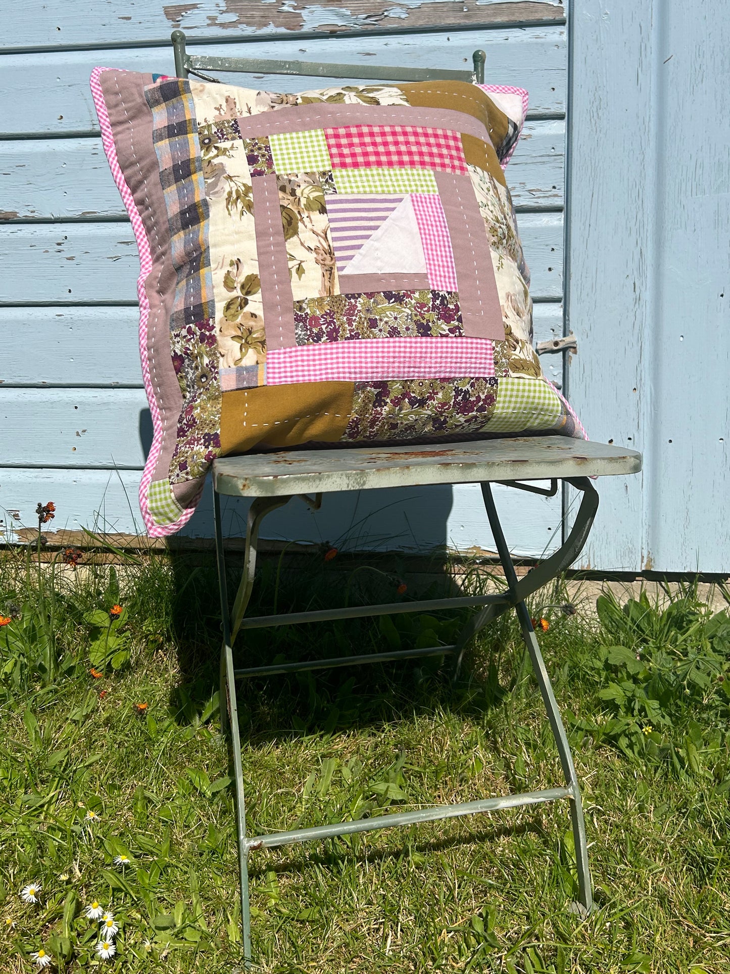 Summer 'Log Cabin' Variation Quilted Cushion Cover