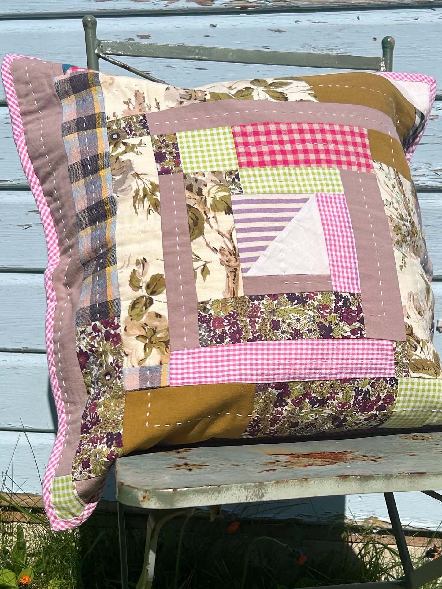 Summer 'Log Cabin' Variation Quilted Cushion Cover